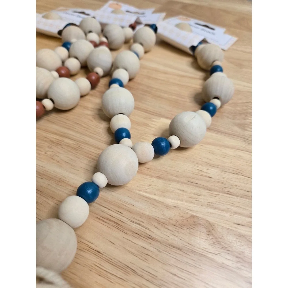 Perfect Harvest Wood Decor Beads Farmhouse Garland Blue Orange Tassel Set of 3